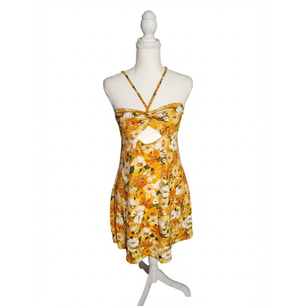 H&M Divided Floral Cutout Twist Front Mini Dress Mustard Yellow Orange Medium
